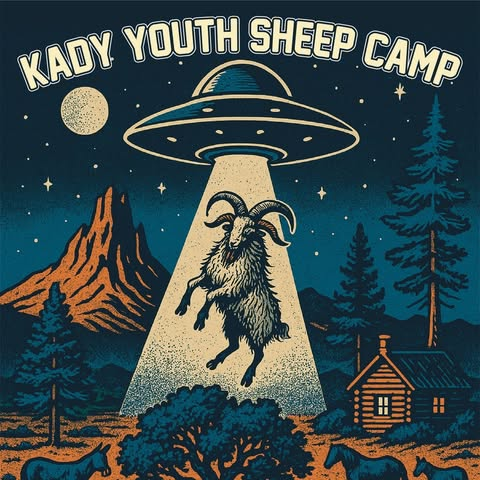 Kady Youth Sheep Camp — a goat lifted in a beam of light beneath a night sky