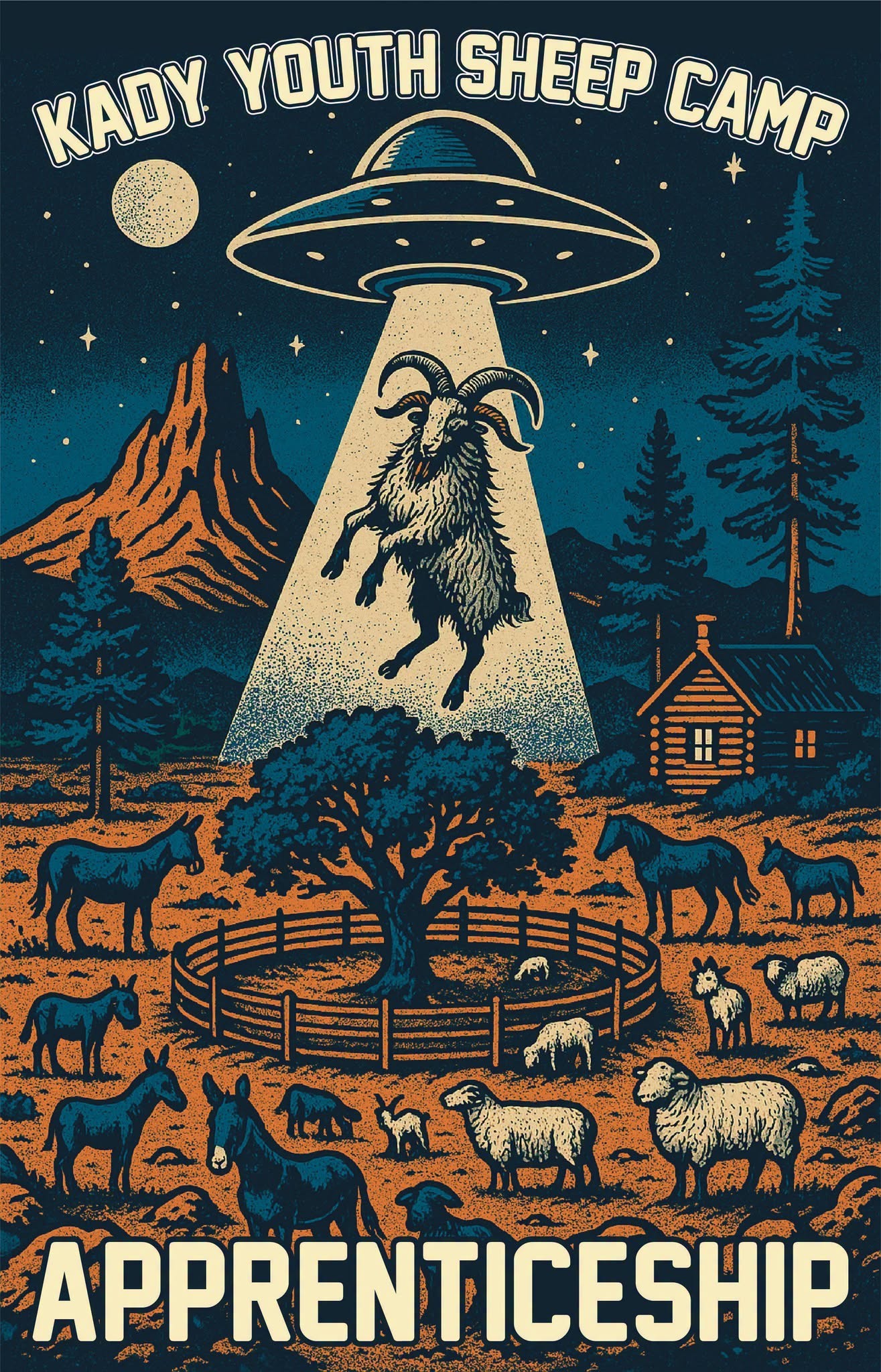 Kady Youth Sheep Camp Apprenticeship — a sheep lifted in a beam of light above a high-desert flock beneath a starry night sky