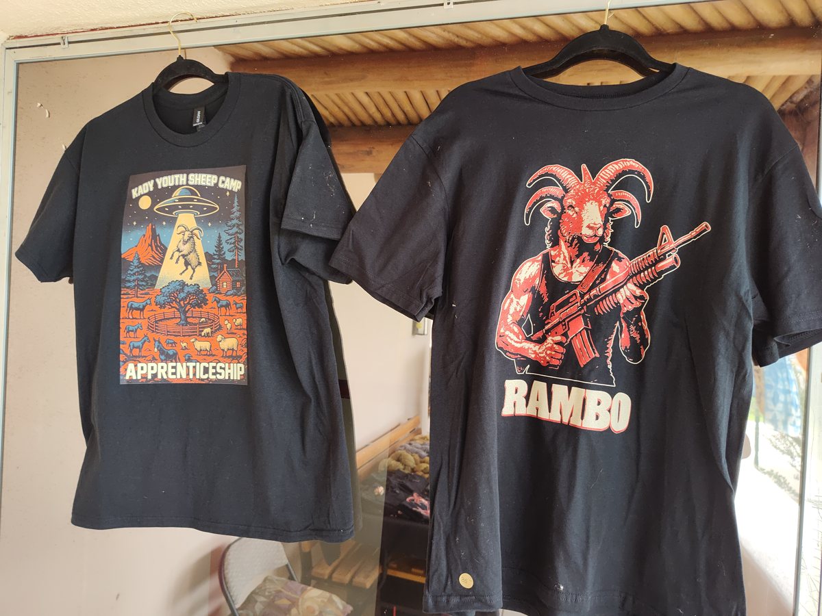 Both camp tees — the beam-of-light design and the Rambo design — hanging together